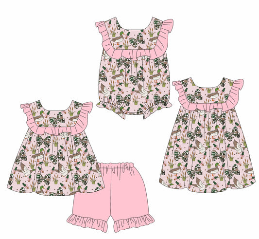 3.26 Custom moq 5 mix size Sibling Baby Girl's Camouflage Bow Duck Sleeveless Tunic Ruffle Shorts Set Cute Romper Dress for Summer