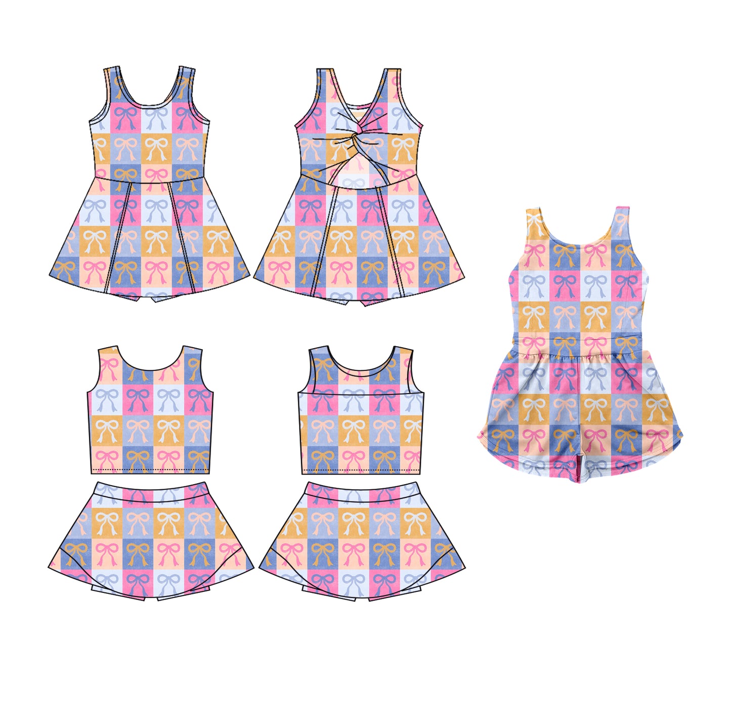 3.19 custom each style moq 5eta 4-6week Sibling Sister bow baby girls clothes Short sleeve yoga dress 1 and dress 2 and jumpsuit match family design