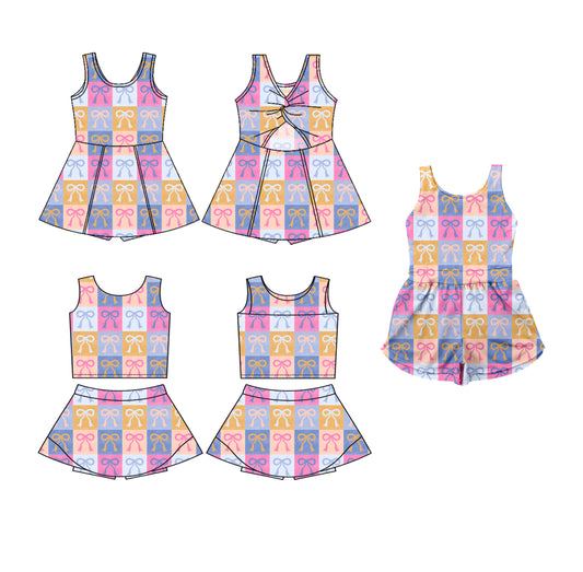 3.19 custom each style moq 5eta 4-6week Sibling Sister bow baby girls clothes Short sleeve yoga dress 1 and dress 2 and jumpsuit match family design