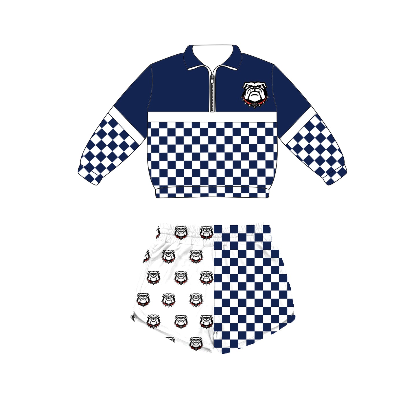 Custom moq 5 mix size summer teams Baby Plaid Long Sleeved Zip Up Top And Shorts Set