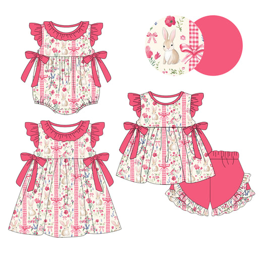 26.1.5 custom each style moq 5 eta 6-8week Sibling Sister easter floral baby short sleeve shorts sets and romper and dress match design