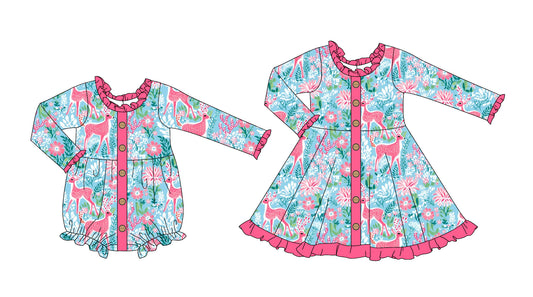 25.6.6 custom each style moq 5eta 4-6week Sibling Sisters deer floral baby girl long sleeve dress and rompers match family design