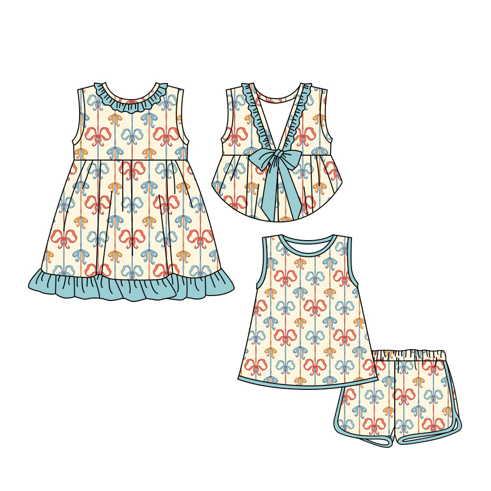 3.24 custom each style moq 5eta 4-6week Sibling Sister bow baby girl short sleeve shorts sets and dresses match design