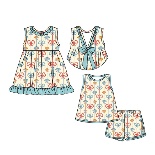 3.24 custom each style moq 5eta 4-6week Sibling Sister bow baby girl short sleeve shorts sets and dresses match design