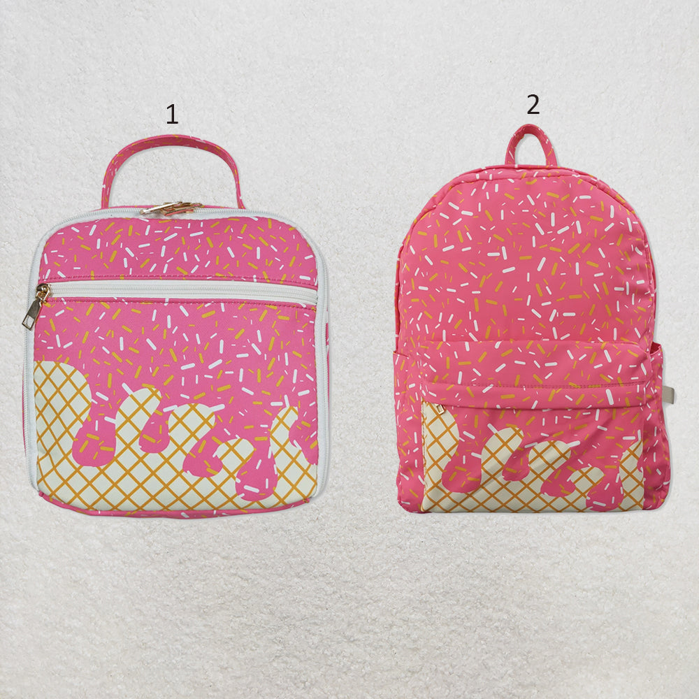 RTS NO MOQ Sibling milk silk Baby Kids Pink Drips Sprinkles Print Backpacks Bags Boxes