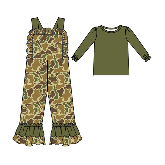 9.16 custom each style moq 5eta 4-6week baby girls clothes camouflage green long sleeve suspender jumpsuit sets