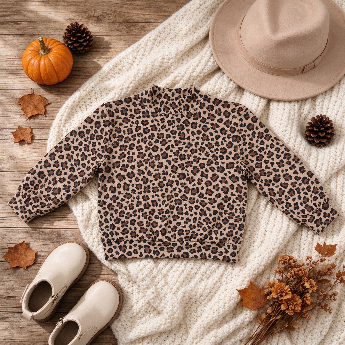 NEW RTS NO MOQ yoga fabric GT1904 High Neck Baby Girls Brown Leopard Choker Long Sleeve Yoga Active Tees Top