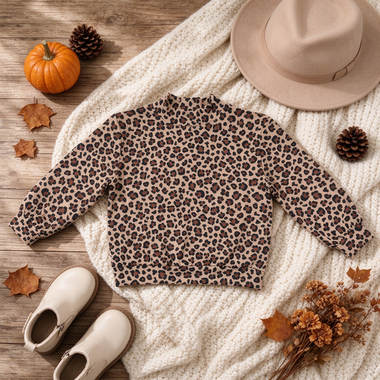 NEW RTS NO MOQ yoga fabric GT1904 High Neck Baby Girls Brown Leopard Choker Long Sleeve Yoga Active Tees Top