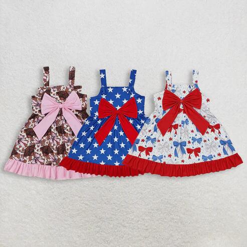 RTS NO MOQ Sibling Girls Western Ruffle Knee-Length Dress Strap Bows Cows 4th of July Casual Wear