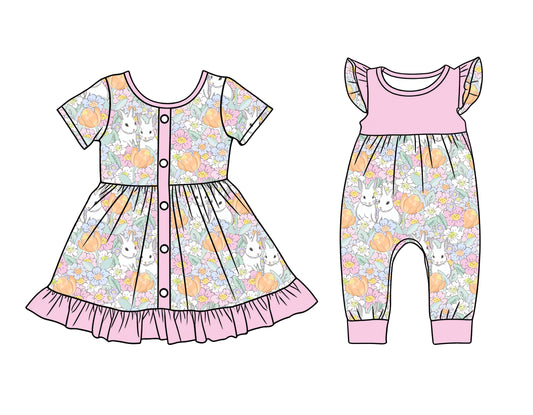 25.12.17 custom each style moq 5 eta 6-8week Sibling Sister bunny floral baby short sleeve romper and dress match design