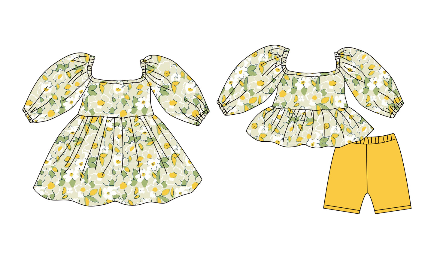 25.12.8 custom each style moq 5 eta 6-8week Sibling Sister floral yellow baby short sleeve shorts sets and dress match design