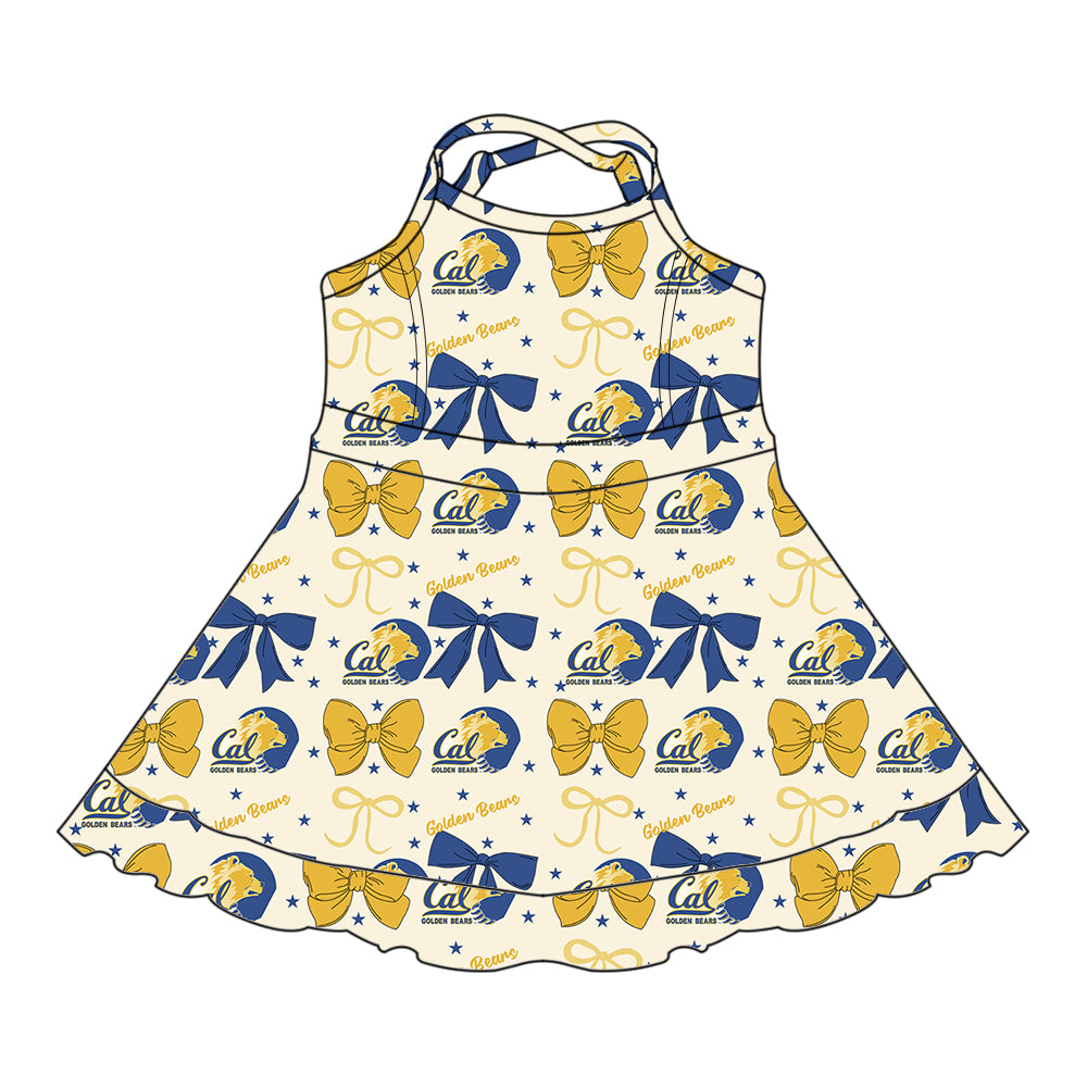 Custom moq 5 mix size milk silk summer teams baby girls clothes team bow yellow sleeveless skirts sets and dress 1 and dress 2 and dress 3-25.6.24