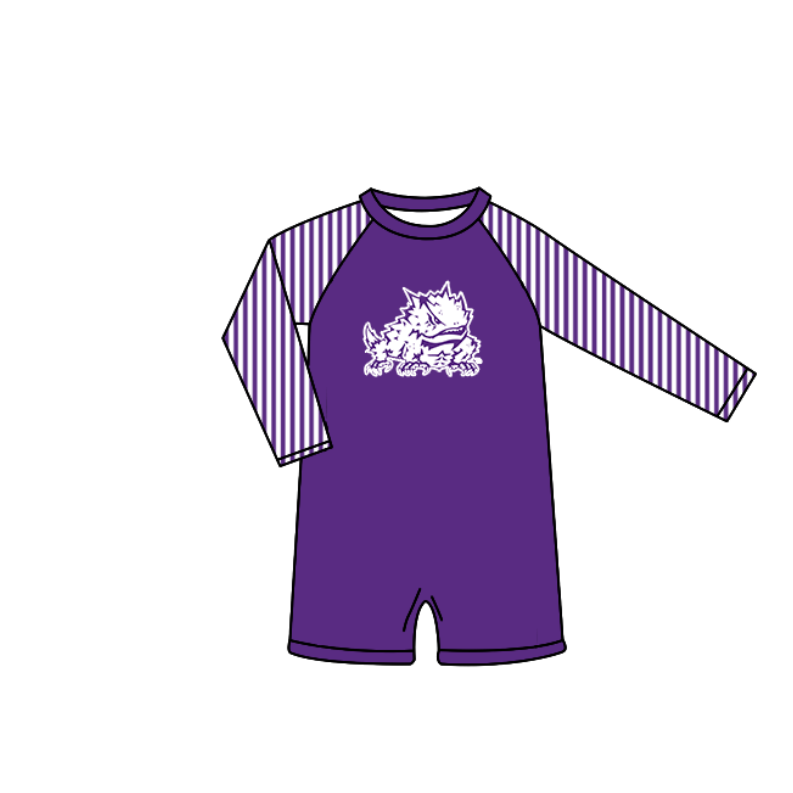 Custom moq 5 mix size milk silk summer teams baby girl boys clothes Purple Two-Piece Swimsuit Set One Piece Swimsuits boy swim trunks