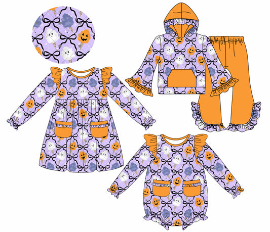 25.7.22 custom each style moq 5eta 4-6week Sibling Sisters ghost bow baby girl long sleeve pants sets and dress and rompers match family design