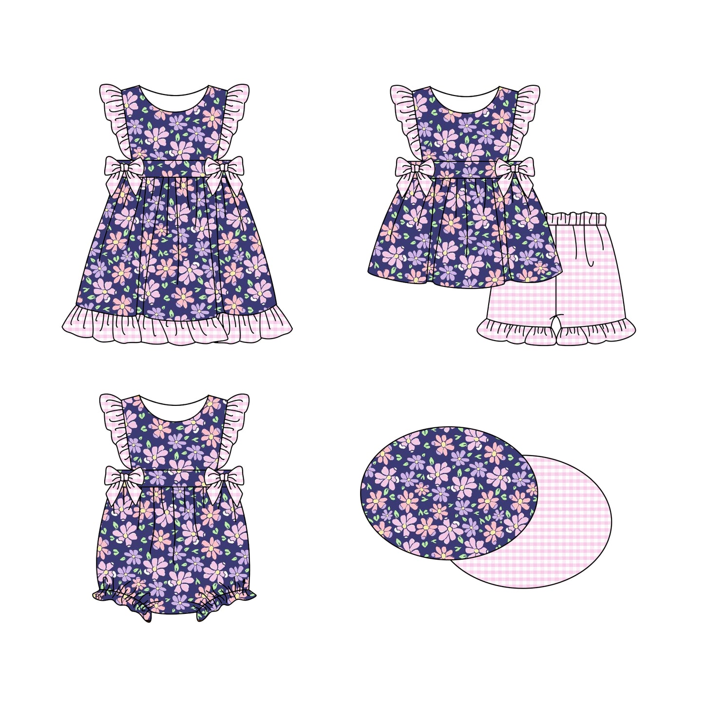 11.16 custom each style moq 5eta 4-6week Sibling Sister floral baby girl short sleeve shorts sets and dress and rompers match family design