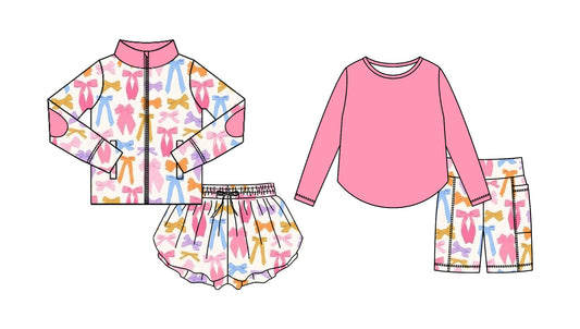 25.9.1 custom each style moq 5eta 4-6week Sibling Sisters bow pink baby girl long sleeve shorts sets and skirts sets match family design