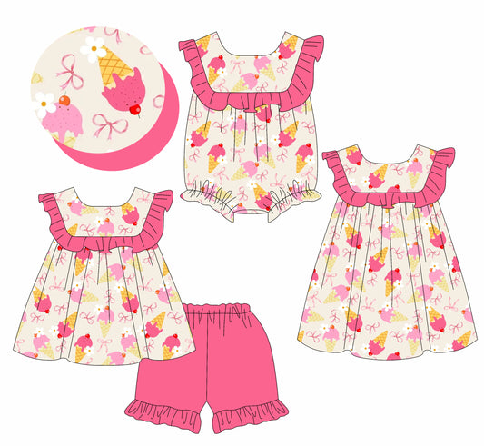 4.18 custom each style moq 5eta 4-6week Sibling Sisters ice cream bow floral baby girl short sleeve shorts sets and dress and rompers match family design