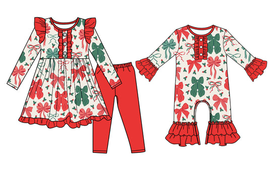 25.7.10 custom each style moq 5eta 4-6week Sibling Sister Christmas bow baby girl long sleeve pants sets and rompers match family design