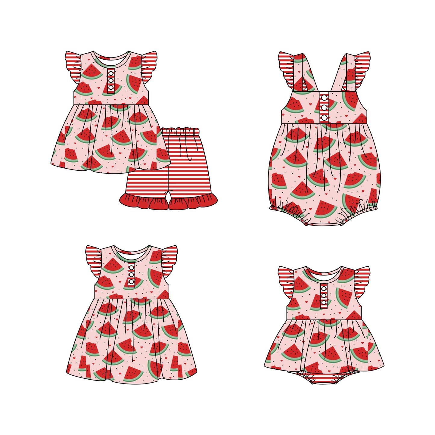 11.18 custom each style moq 5eta 4-6week Sibling Sister watermelon baby girl short sleeve shorts sets and girls romper and boy romper and dress match design