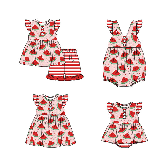 11.18 custom each style moq 5eta 4-6week Sibling Sister watermelon baby girl short sleeve shorts sets and girls romper and boy romper and dress match design