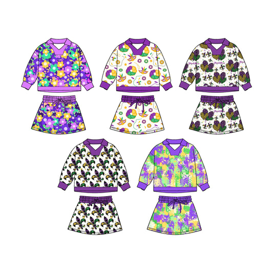 25.11.4 custom each style moq 5 eta 6-8week Sibling Sisters mardi gras baby girl long sleeve skirts sets 5 match family design