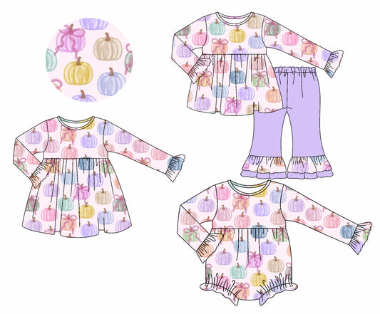 25.7.12 custom each style moq 5eta 4-6week Sibling Sisters pumpkin bow baby girl long sleeve pants sets and dress and rompers match family design
