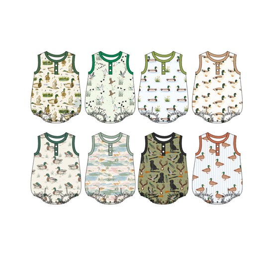 4.11 Custom moq 5 mix size Sibling Baby Boy's Duck Print Sleeveless Button Romper Summer Casual Outfit