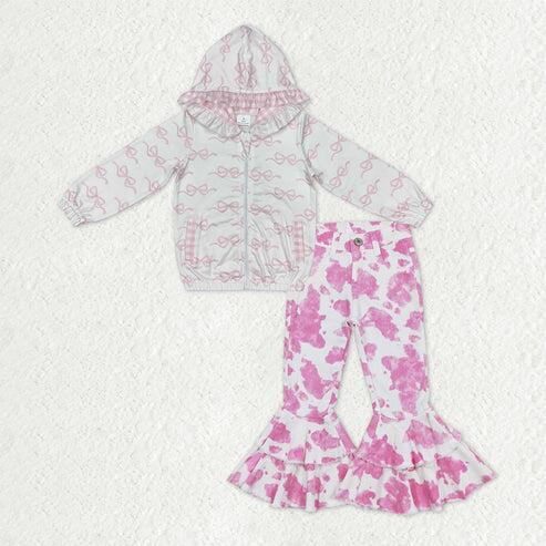 RTS NO MOQ Sibling Baby Girls Sequin Denim Bell Bottom Pant And Bows Zipper Hoodie Jacket 2-Piece Outfit Set