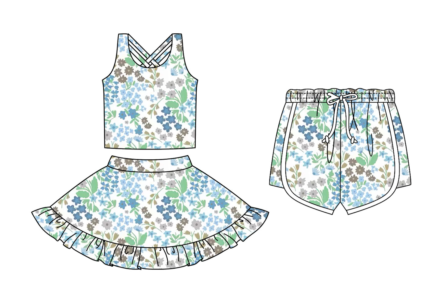Custom moq 5 mix size Sibling Baby Girls Floral Print Sleeveless Top And Skirt Set with Shorts Cute Toddler Outfit