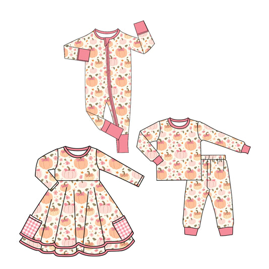 25.7.8 custom each style moq 5eta 4-6week Sibling Sisters pumpkin baby girl long sleeve pants sets and dress and rompers match family design
