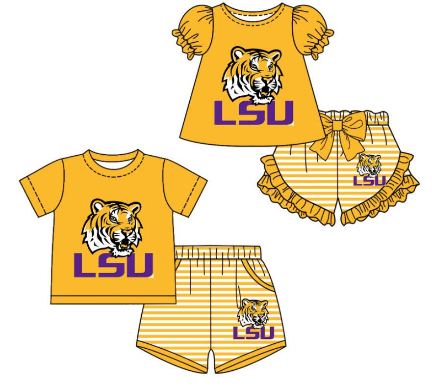 Custom moq 5 mix size milk silk summer teams yellow Baby Girl Boy Short-Sleeved Shorts Set Toddler Kids Clothing Set