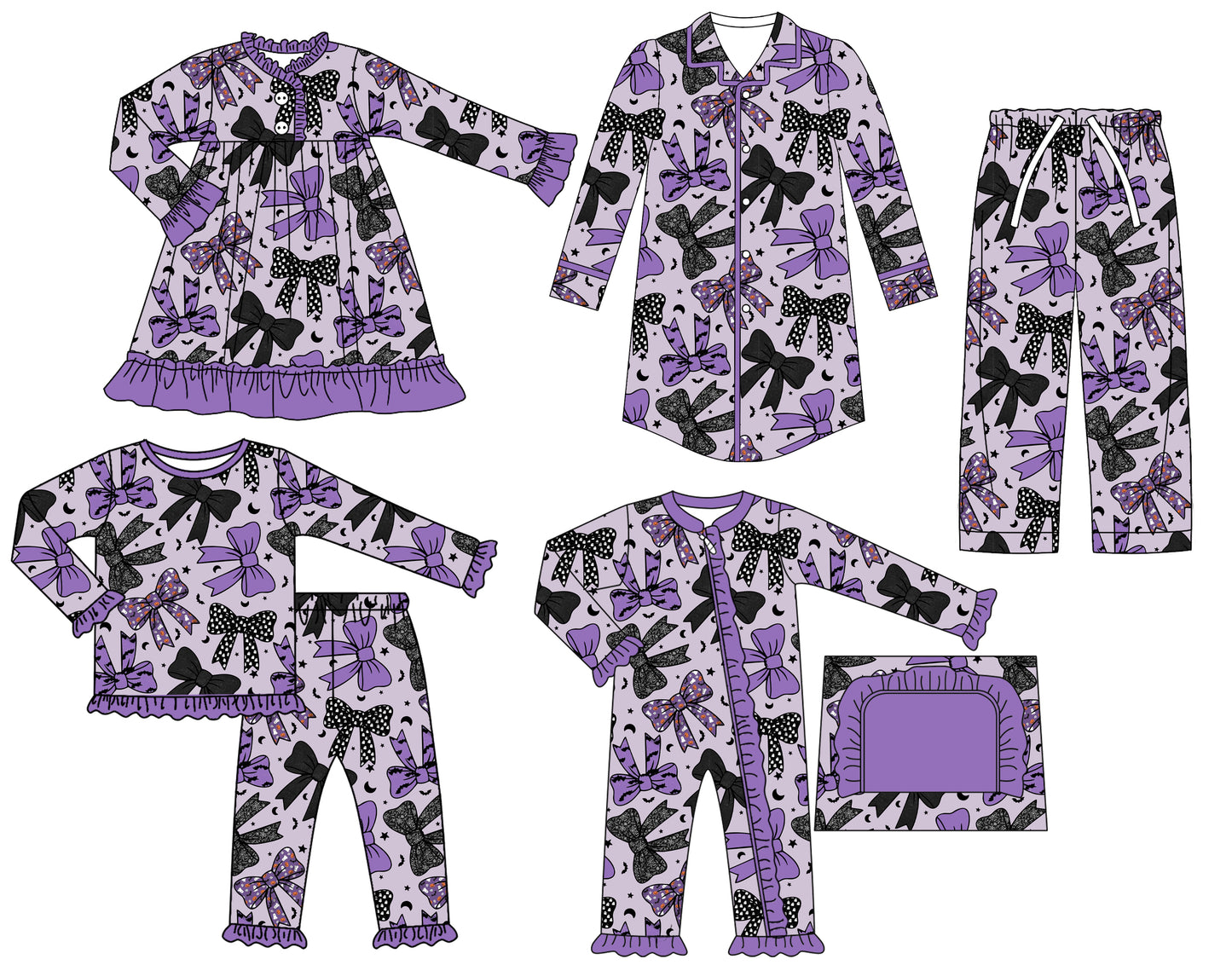 25.6.27 custom each style moq 5eta 4-6week Sibling Sisters bow purple baby boy long sleeve pants sets and adult top and adult pants and romper and dress match family design