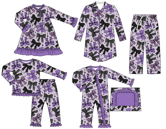 25.6.27 custom each style moq 5eta 4-6week Sibling Sisters bow purple baby boy long sleeve pants sets and adult top and adult pants and romper and dress match family design