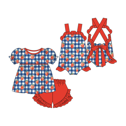 3.23 Custom moq 5 mix size Sibling Baby Girl's Short Sleeves Checked Top And Ruffle Short Set Cute Romper for Summer