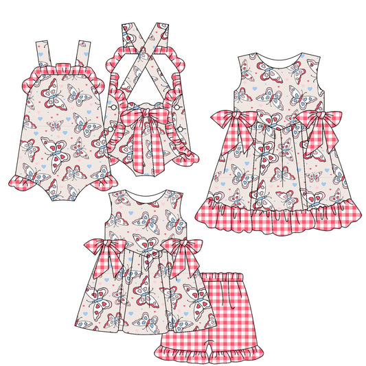 3.11 custom each style moq 5eta 4-6week Sibling Sisters butterfly baby girl short sleeve shorts sets and dress and rompers match family design
