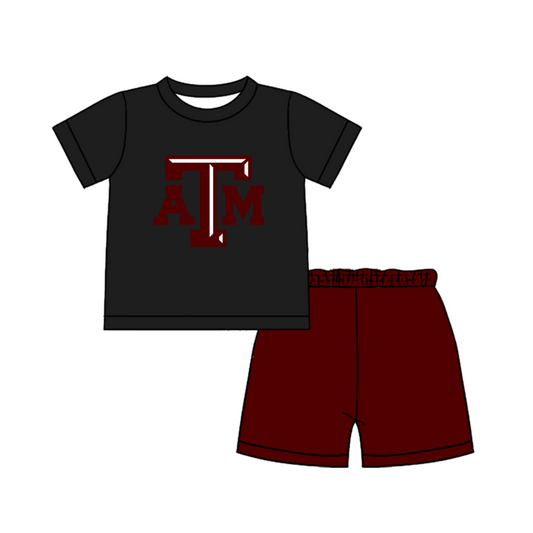 Custom moq 5 mix size milk silk summer teams Baby Boy's black Short-Sleeved O-Neck Top And solid color Shorts Set