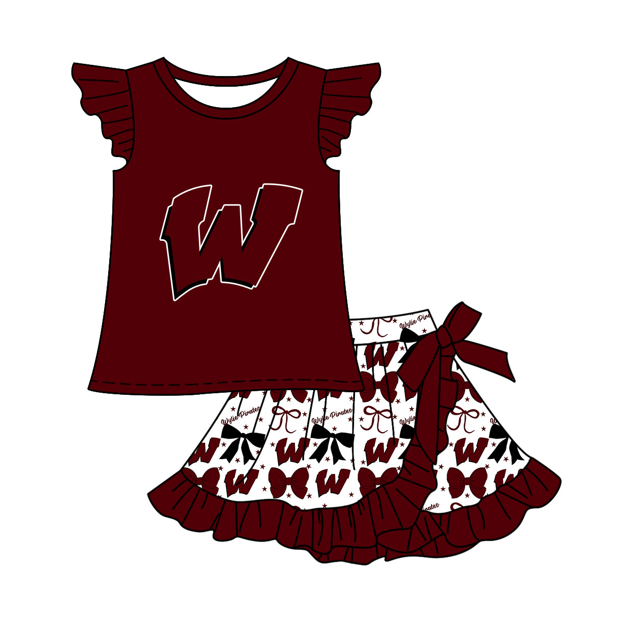 Custom moq 5 mix size milk silk baby girls clothes team bow brick red hooded long sleeve tops and and skirts sets and dress and shorts-25.7.17