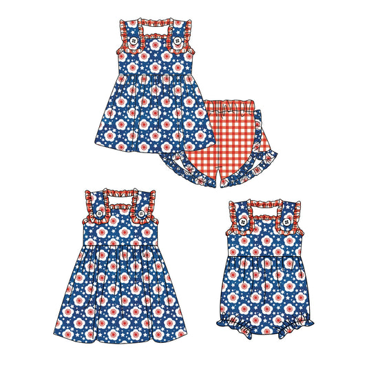 3.14 Custom moq 5 mix size Sibling Baby Girl's Sleeveless Top And Red Plaid Shorts Set Cute Romper Dress for Summer
