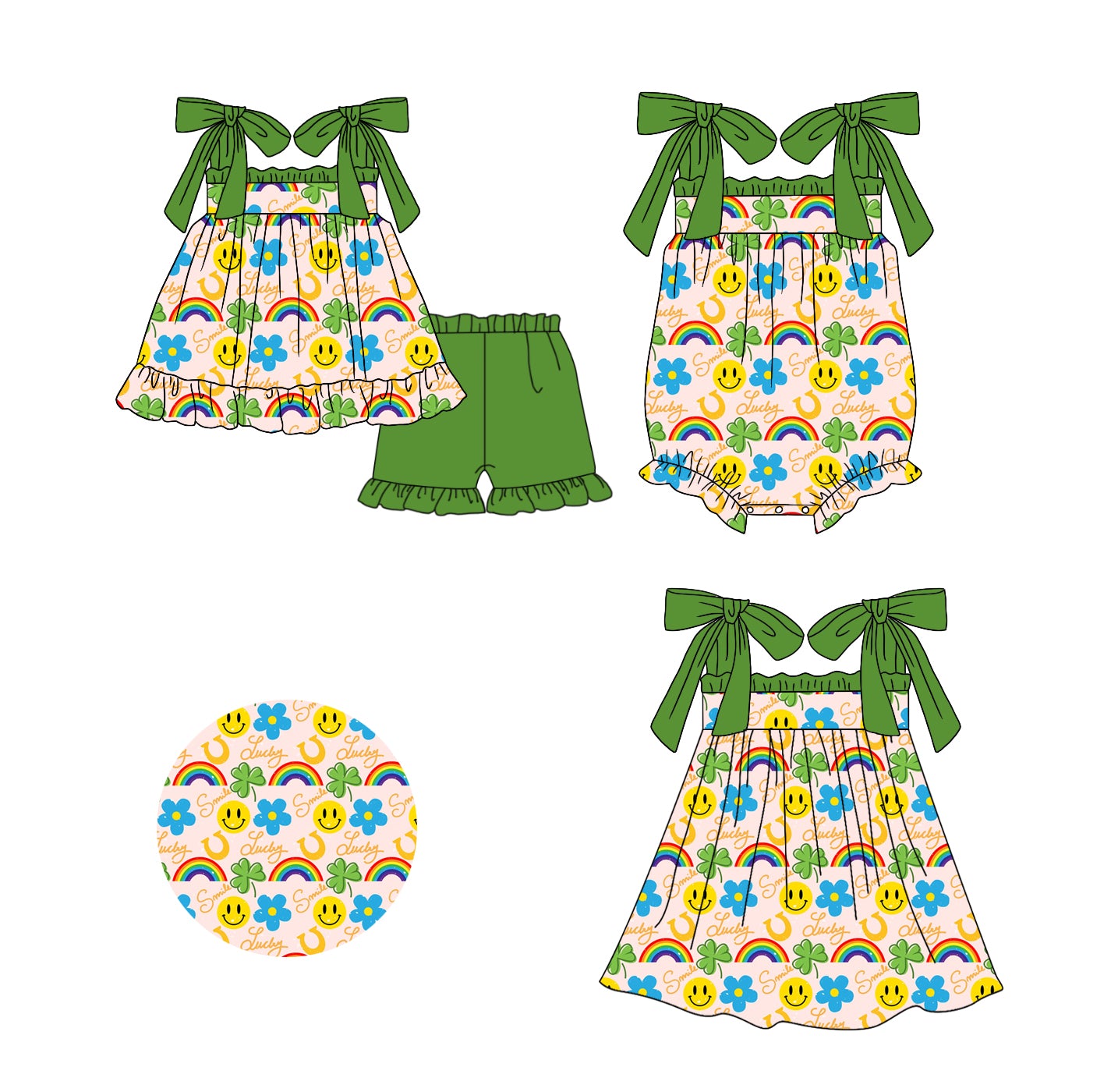 11.20 custom each style moq 5eta 4-6week Sibling Sister rainbow smiley baby girl short sleeve shorts sets and dress and rompers match family design