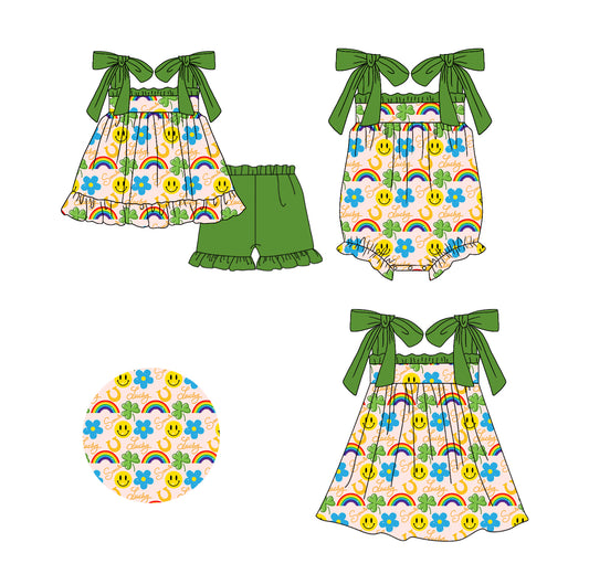 11.20 custom each style moq 5eta 4-6week Sibling Sister rainbow smiley baby girl short sleeve shorts sets and dress and rompers match family design