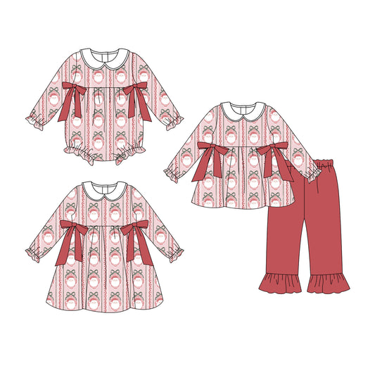 25.8.30 custom each style moq 5eta 4-6week Sibling Sisters Christmas bow baby girl long sleeve pants sets and dress and rompers match family design