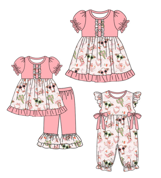 3.12 custom each style moq 5eta 4-6week Sibling Sisters cow head boots baby girl short sleeve pants sets and dress and rompers match family design