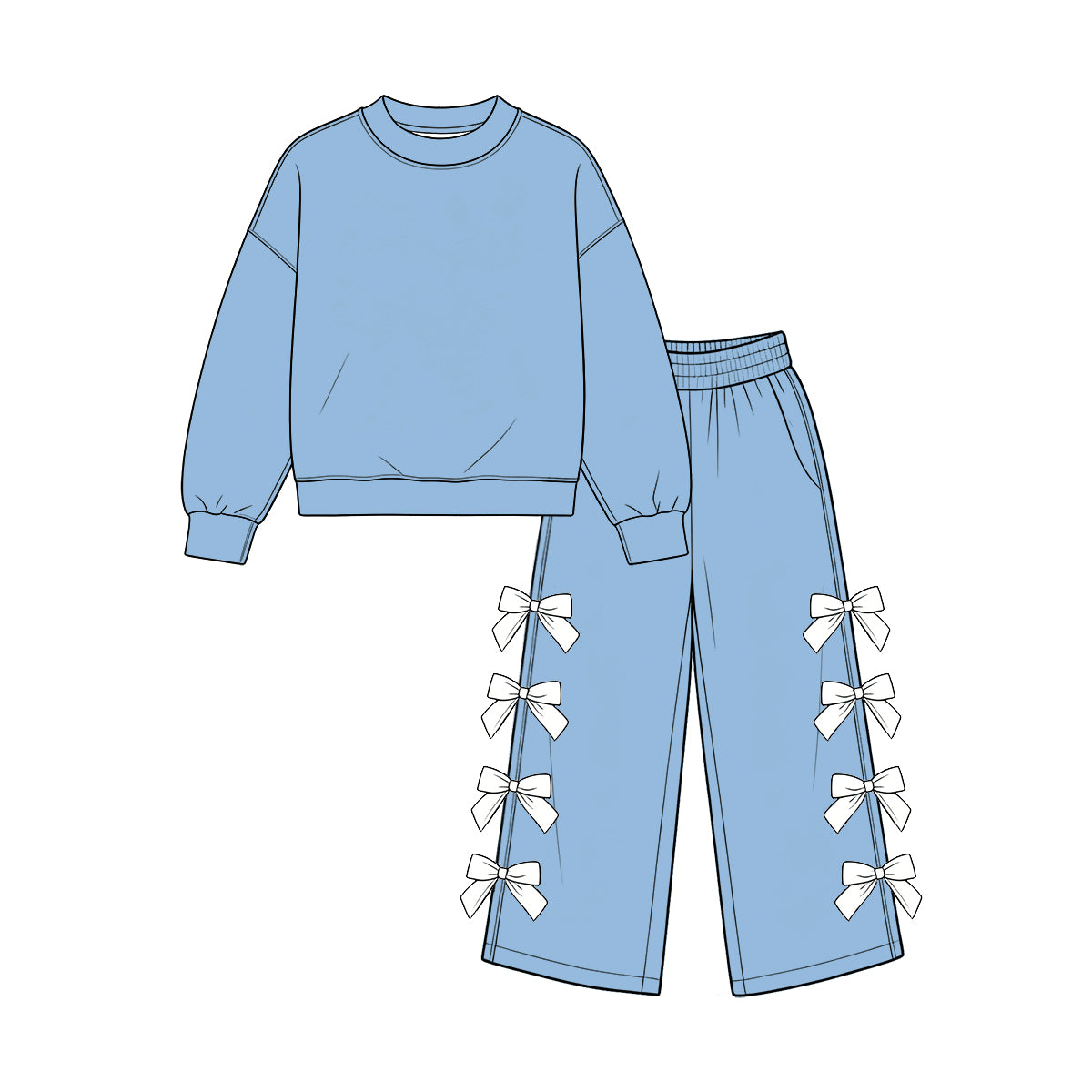 custom moq 5 mix size Baby Girls Light Blue Long Sleeve Top And White Bow Wide Leg Pants Fall Casual Outfit
