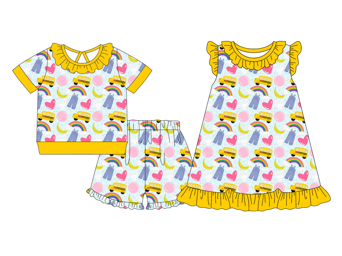 3.12 Custom moq 5 mix size Sibling Baby Girl's Back To School Yellow Short-Sleeved Top And Short Set Cute Dress for Summer