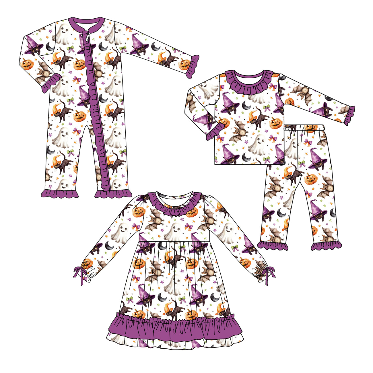 25.5.7 custom each style moq 5eta 4-6week Sibling Sisters pumpkin bat baby girl long sleeve pants sets and dress and rompers match family design