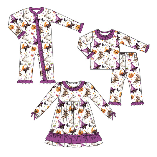 25.5.7 custom each style moq 5eta 4-6week Sibling Sisters pumpkin bat baby girl long sleeve pants sets and dress and rompers match family design