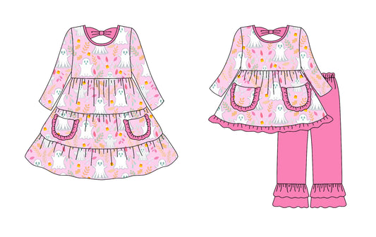 25.7.18 custom each style moq 5eta 4-6week Sibling Sisters ghost floral pink baby girl long sleeve pants sets and dress match family design