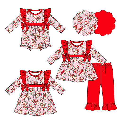 25.6.19 custom each style moq 5eta 4-6week Sibling Sisters Christmas trees baby girl long sleeve pants sets and dress and rompers match family design