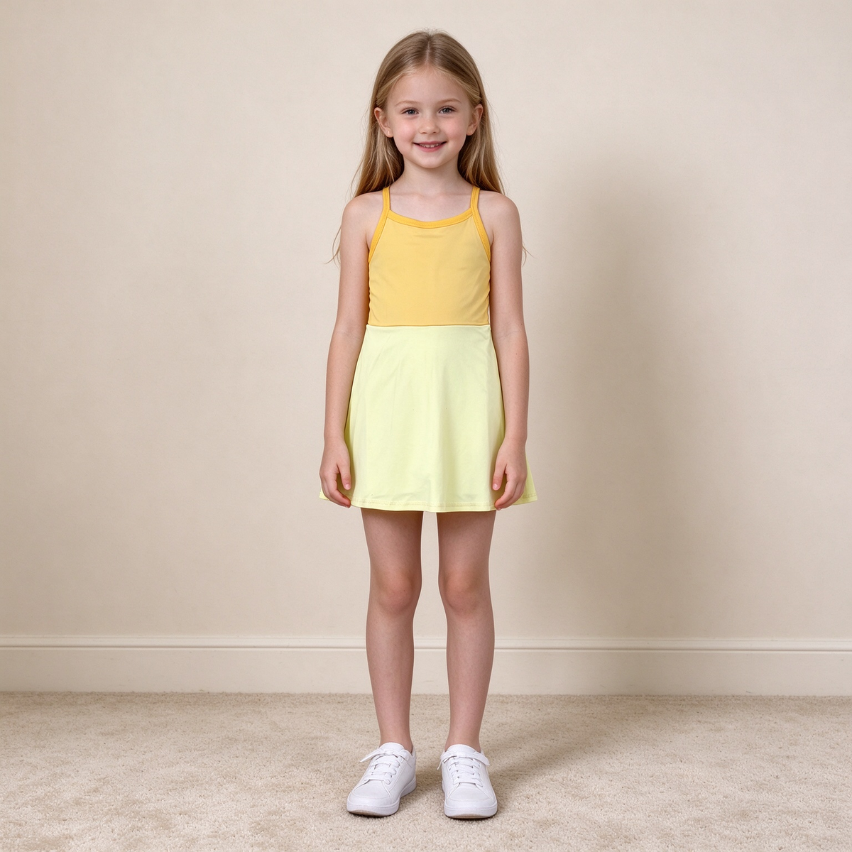 NEW RTS NO MOQ yoga fabric cotton GSD3982 Yoga Baby Girls Yellow Patchwork Strap Yoga Skort Knee Length Dress