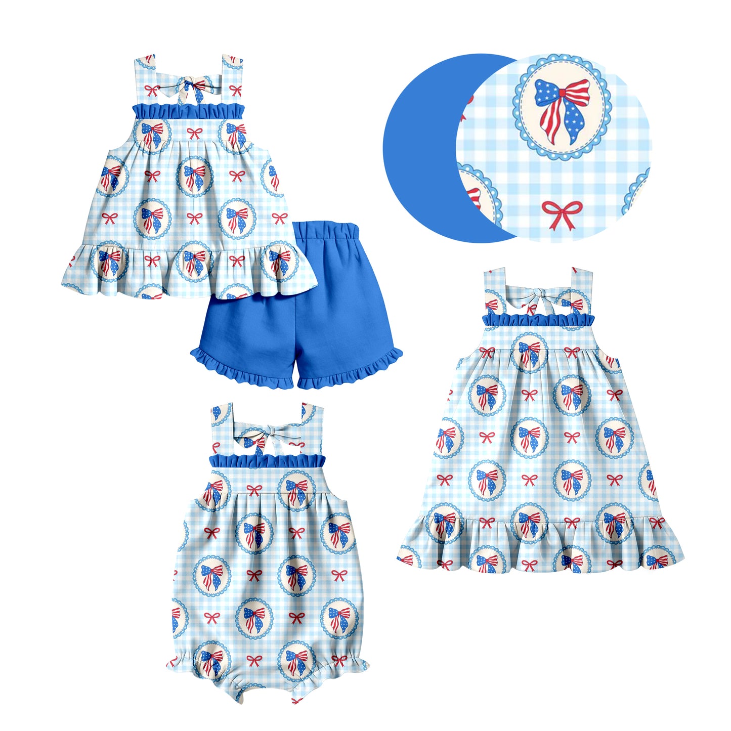 Custom moq 5 mix size Sibling Baby Girl's Blue plaid 4th of July Sleeveless Top And Shorts Set Cute Romper Dress for Summer